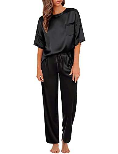 SWOMOG Silk Pajama Set for Women Two Piece Satin Short Sleeve and Long Pant Pajama Set Summer Sleepwear Silk Pj Sets Black S