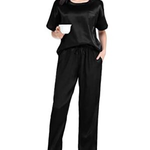 SWOMOG Silk Pajama Set for Women Two Piece Satin Short Sleeve and Long Pant Pajama Set Summer Sleepwear Silk Pj Sets Black S