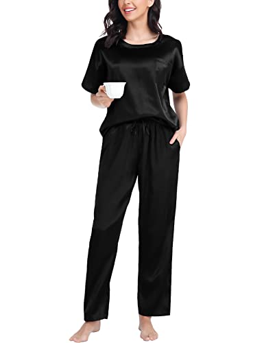 SWOMOG Silk Pajama Set for Women Two Piece Satin Short Sleeve and Long Pant Pajama Set Summer Sleepwear Silk Pj Sets Black S