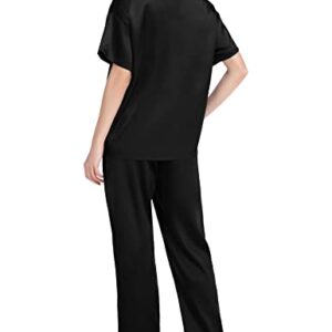 SWOMOG Silk Pajama Set for Women Two Piece Satin Short Sleeve and Long Pant Pajama Set Summer Sleepwear Silk Pj Sets Black S