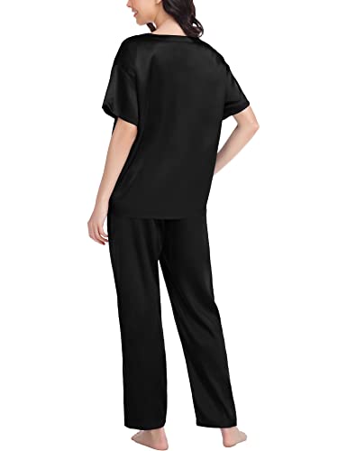 SWOMOG Silk Pajama Set for Women Two Piece Satin Short Sleeve and Long Pant Pajama Set Summer Sleepwear Silk Pj Sets Black S