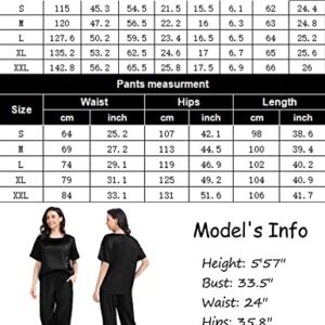 SWOMOG Silk Pajama Set for Women Two Piece Satin Short Sleeve and Long Pant Pajama Set Summer Sleepwear Silk Pj Sets Black S