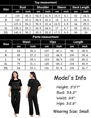 SWOMOG Silk Pajama Set for Women Two Piece Satin Short Sleeve and Long Pant Pajama Set Summer Sleepwear Silk Pj Sets Black S