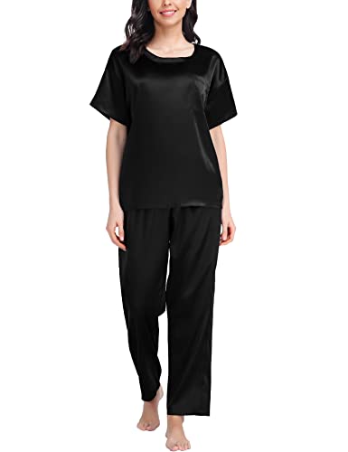 SWOMOG Silk Pajama Set for Women Two Piece Satin Short Sleeve and Long Pant Pajama Set Summer Sleepwear Silk Pj Sets Black S