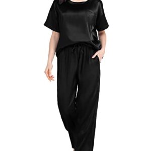 SWOMOG Silk Pajama Set for Women Two Piece Satin Short Sleeve and Long Pant Pajama Set Summer Sleepwear Silk Pj Sets Black S