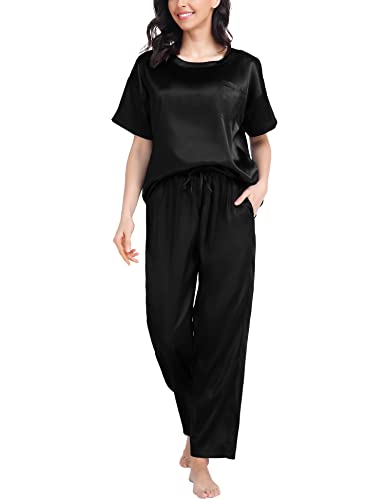 SWOMOG Silk Pajama Set for Women Two Piece Satin Short Sleeve and Long Pant Pajama Set Summer Sleepwear Silk Pj Sets Black S