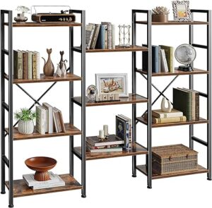 boloni triple bookshelf, bookcase with 11 open platforms, large etagere wood bookcase with metal frame for living room, bedroom, brown