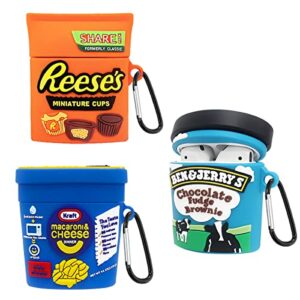 3 pack food airpod 2nd generation case, alquar cute cartoon cheese reese's chocolate fudge skin protective cover, kawaii funny soft silicone design for apple airpod 2/1 shell women girls with keychain