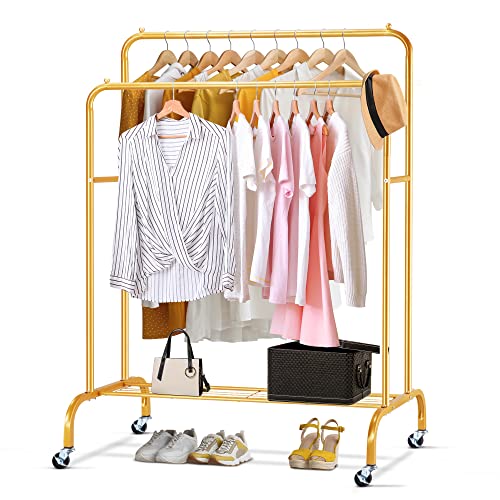 Sapodilla Double Rod Garment Rack with Shelf,Heavy Duty Hanging Clothes Rack with Wheels,Rolling Clothing Rack for Hanging Clothes,Clothes Hanger Rack,Metal Frame,Gold