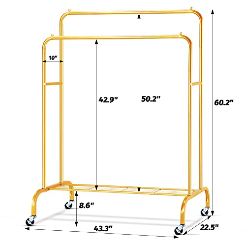 Sapodilla Double Rod Garment Rack with Shelf,Heavy Duty Hanging Clothes Rack with Wheels,Rolling Clothing Rack for Hanging Clothes,Clothes Hanger Rack,Metal Frame,Gold