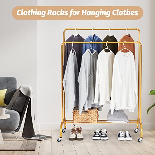 Sapodilla Double Rod Garment Rack with Shelf,Heavy Duty Hanging Clothes Rack with Wheels,Rolling Clothing Rack for Hanging Clothes,Clothes Hanger Rack,Metal Frame,Gold