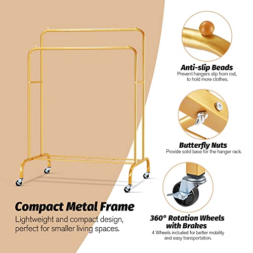 Sapodilla Double Rod Garment Rack with Shelf,Heavy Duty Hanging Clothes Rack with Wheels,Rolling Clothing Rack for Hanging Clothes,Clothes Hanger Rack,Metal Frame,Gold