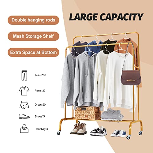 Sapodilla Double Rod Garment Rack with Shelf,Heavy Duty Hanging Clothes Rack with Wheels,Rolling Clothing Rack for Hanging Clothes,Clothes Hanger Rack,Metal Frame,Gold