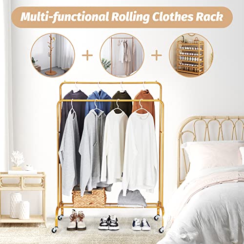 Sapodilla Double Rod Garment Rack with Shelf,Heavy Duty Hanging Clothes Rack with Wheels,Rolling Clothing Rack for Hanging Clothes,Clothes Hanger Rack,Metal Frame,Gold