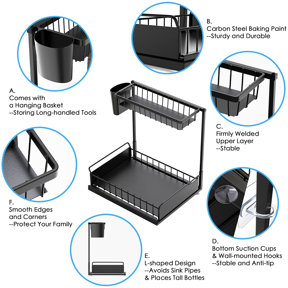 Gracenal Under Sink Organizer, Kitchen Organizers and Storage 1 Pack, L-Shaped 2-Tier Bathroom Storage, Upgraded Pull Out Cabinet Organizer, Gifts for Women Mom as Kitchen Organization and Storage