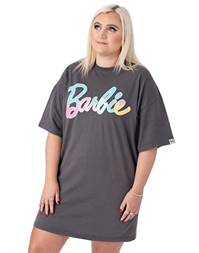 Barbie Oversized T-Shirt Dress Ladies Womens | Adults Pastel Rainbow Logo Short Sleeve Outfit | Charcoal Grey Gifts