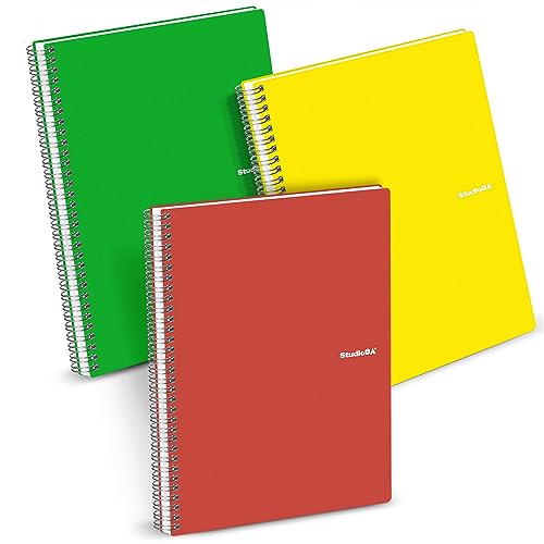 Studio O. A. Spiral Notebooks, 3 Pack, 5 x 5 Graph Ruled (5 Squares/Inch) Paper, 8.5 x 11, 80 Sheets of 100g/㎡ Thick Paper, Durable PP Cover, with Tabbed Stickers and Back Pocket, Journals for School, Office, Business, Professional