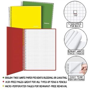 Studio O. A. Spiral Notebooks, 3 Pack, 5 x 5 Graph Ruled (5 Squares/Inch) Paper, 8.5 x 11, 80 Sheets of 100g/㎡ Thick Paper, Durable PP Cover, with Tabbed Stickers and Back Pocket, Journals for School, Office, Business, Professional