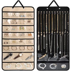 lolalet hanging jewelry organizer necklace organizer, double side large jewelry holder necklace hanger with pockets and metal hooks for earrings, bracelets, watches on closet wall door -1 pack,black