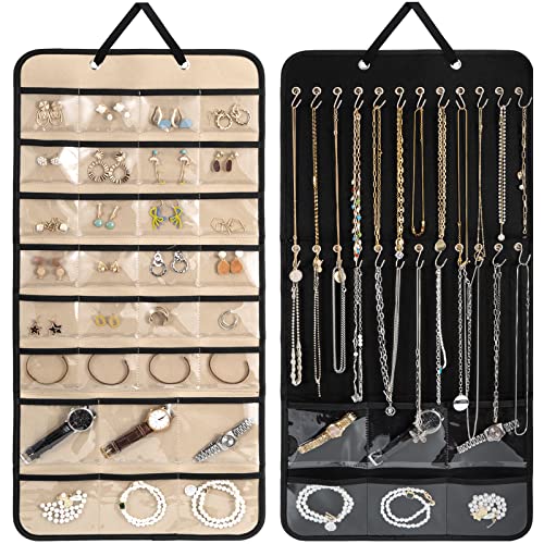 Lolalet Hanging Jewelry Organizer Necklace Organizer, Double Side Large Jewelry Holder Necklace Hanger with Pockets and Metal Hooks for Earrings, Bracelets, Watches on Closet Wall Door -1 Pack,Black