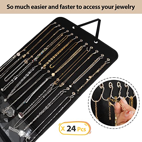 Lolalet Hanging Jewelry Organizer Necklace Organizer, Double Side Large Jewelry Holder Necklace Hanger with Pockets and Metal Hooks for Earrings, Bracelets, Watches on Closet Wall Door -1 Pack,Black