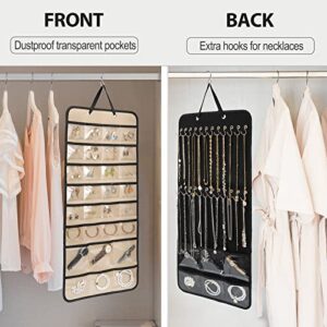 Lolalet Hanging Jewelry Organizer Necklace Organizer, Double Side Large Jewelry Holder Necklace Hanger with Pockets and Metal Hooks for Earrings, Bracelets, Watches on Closet Wall Door -1 Pack,Black