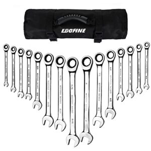 egofine 15-piece sae ratcheting wrench set, sae 1/4" to 1" chrome vanadium steel, 12-point ratchet wrenches, 72-teeth open end and box end combination tool with a roll up storage bag