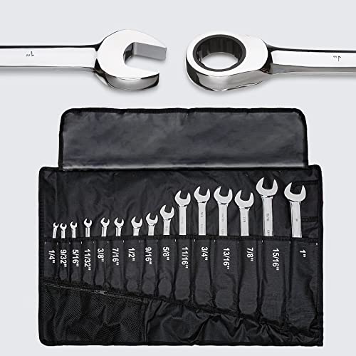 Egofine 15-piece SAE Ratcheting Wrench Set, SAE 1/4" to 1" Chrome Vanadium Steel, 12-Point Ratchet Wrenches, 72-Teeth Open End and Box End Combination Tool with a Roll Up Storage Bag