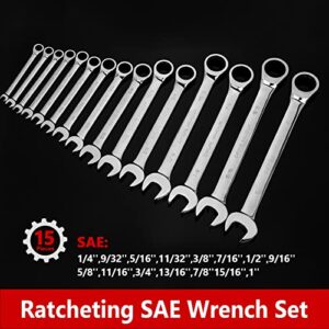 Egofine 15-piece SAE Ratcheting Wrench Set, SAE 1/4" to 1" Chrome Vanadium Steel, 12-Point Ratchet Wrenches, 72-Teeth Open End and Box End Combination Tool with a Roll Up Storage Bag