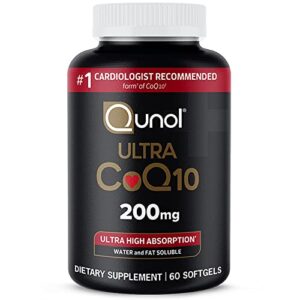 qunol coq10 200mg softgels, ultra coq10 - ultra high absorption coenzyme q10 supplements - antioxidant supplement for vascular and heart health & energy production - 2 month supply - 60 count