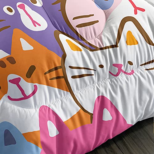 BSNTHO Cute Cat Comforter Set for Kids Boys Girls Cartoon Cat Kawaii Bedding Sets Full Size Kitten Comforter with 2 Pillowcases for All Season Skin-Friendly Lightweight