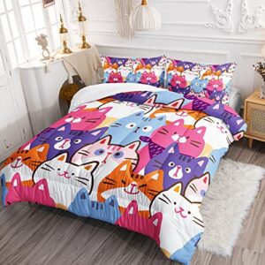 BSNTHO Cute Cat Comforter Set for Kids Boys Girls Cartoon Cat Kawaii Bedding Sets Full Size Kitten Comforter with 2 Pillowcases for All Season Skin-Friendly Lightweight