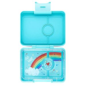 yumbox snack box - 3 compartment leakproof bento lunch box for kids (misty aqua with rainbow tray)