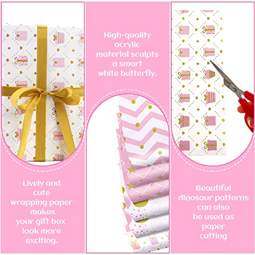 Abeillo 6 Sheets Birthday Wrapping Paper Pink Wrapping Paper Gift for Girls Pretty Light Pink Wrapping Paper Set Included Stickers and Ribbon, 20 x 28inch Birthday Gift Wrap