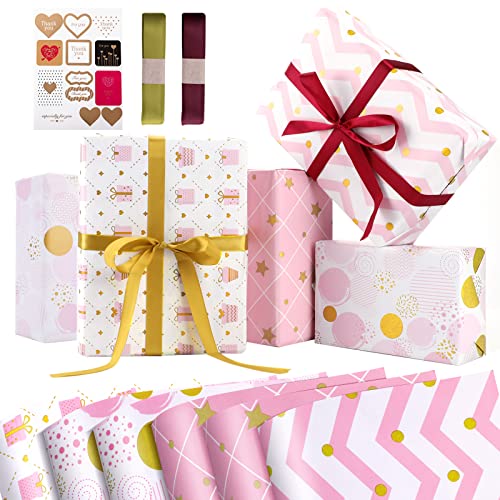 Abeillo 6 Sheets Birthday Wrapping Paper Pink Wrapping Paper Gift for Girls Pretty Light Pink Wrapping Paper Set Included Stickers and Ribbon, 20 x 28inch Birthday Gift Wrap