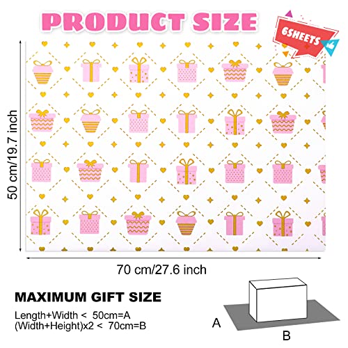 Abeillo 6 Sheets Birthday Wrapping Paper Pink Wrapping Paper Gift for Girls Pretty Light Pink Wrapping Paper Set Included Stickers and Ribbon, 20 x 28inch Birthday Gift Wrap