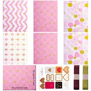 Abeillo 6 Sheets Birthday Wrapping Paper Pink Wrapping Paper Gift for Girls Pretty Light Pink Wrapping Paper Set Included Stickers and Ribbon, 20 x 28inch Birthday Gift Wrap