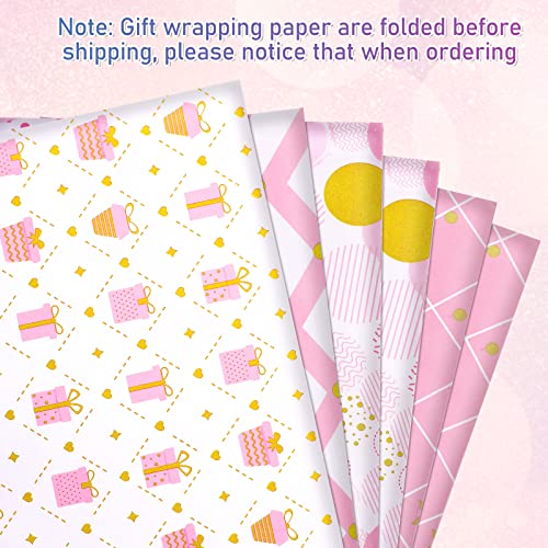 Abeillo 6 Sheets Birthday Wrapping Paper Pink Wrapping Paper Gift for Girls Pretty Light Pink Wrapping Paper Set Included Stickers and Ribbon, 20 x 28inch Birthday Gift Wrap