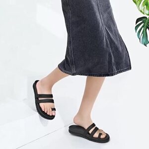 KuaiLu Womens Slides Sandals with Plantar Fasciitis Arch Support Fashion Comfort Adjustable Flat Sandals Ladies Lightweight Orthotic Slip on Sandals Black Size 8.5