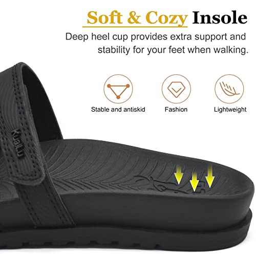 KuaiLu Womens Slides Sandals with Plantar Fasciitis Arch Support Fashion Comfort Adjustable Flat Sandals Ladies Lightweight Orthotic Slip on Sandals Black Size 8.5