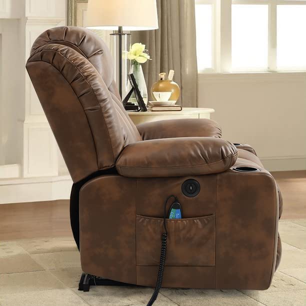 COOSLEEP Large Power Lift Recliner Chair with Massage and Heat for Elderly, Overstuffed Wide Recliners, Breathable Leather with Breathable microporous, USB Ports, 2 Cup Holders (Light Brown)