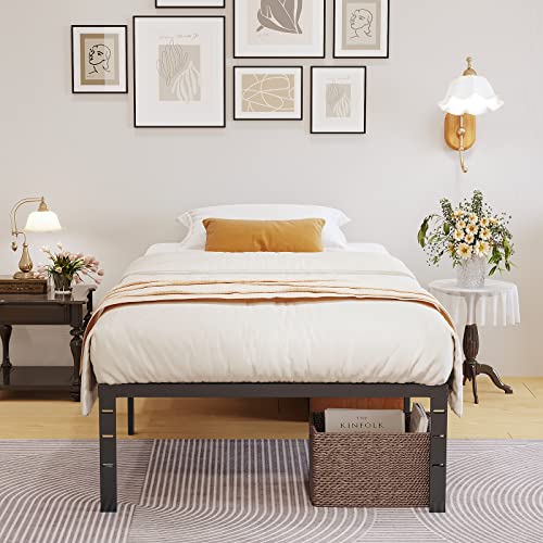 zunatu 18 Inch Twin Metal Bed Frame Foundation No Box Spring Needed Heavy Duty Tall Platform with Large Storage Easy Assembly Mattress Noise Free, Black