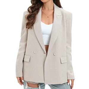 TRNY Women's Houndstooth Blazer Oversized Double-Breasted Suit Blazer Jacket Long Sleeve Casual Boyfriend Style Work Office Blazer with Pockets Mini Beige Houndstooth