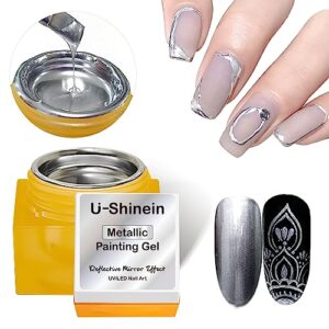 u-shinein 8ml metallic painting gel, silver painted nail polish, 3d metal painting drawing mirror nail gel polish glossy soak off uv/led diy nail art manicure