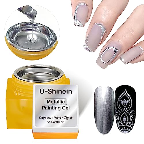 U-Shinein 8ml Metallic Painting Gel, Silver Painted Nail Polish, 3D Metal Painting Drawing Mirror Nail Gel Polish Glossy Soak Off UV/LED DIY Nail Art Manicure