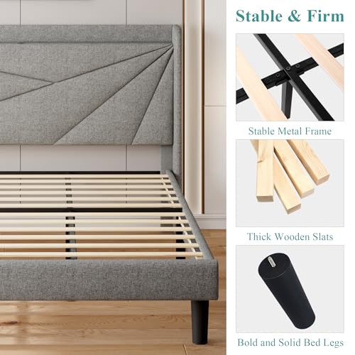 iPormis King Size Upholstered Platform Bed Frame with Type C & USB Ports and Storage Headboard, Geometric Bed Frame with Wingback, Wood Slats, Noise-Free, No Box Spring Needed, Light Grey