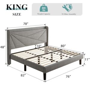 iPormis King Size Upholstered Platform Bed Frame with Type C & USB Ports and Storage Headboard, Geometric Bed Frame with Wingback, Wood Slats, Noise-Free, No Box Spring Needed, Light Grey