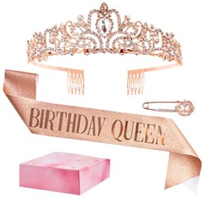 "birthday queen" sash and rhinestone tiara set, birthday tiara crown glitter crystal glitter headband hair accessories for girls women birthday decorations kit, party favors (rose gold)