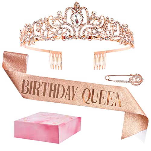 "BIRTHDAY QUEEN" Sash and Rhinestone Tiara Set, Birthday Tiara Crown Glitter Crystal Glitter Headband Hair Accessories for Girls Women Birthday Decorations Kit, Party Favors (Rose Gold)