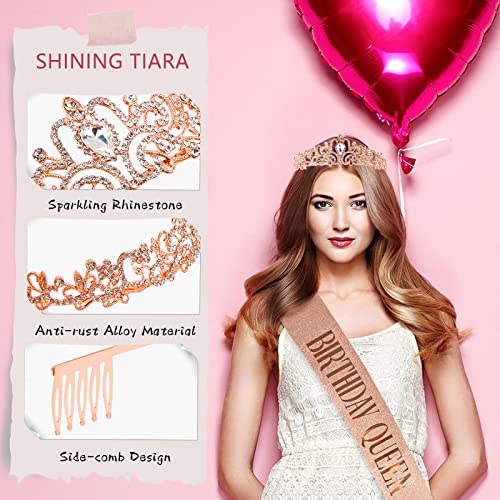 "BIRTHDAY QUEEN" Sash and Rhinestone Tiara Set, Birthday Tiara Crown Glitter Crystal Glitter Headband Hair Accessories for Girls Women Birthday Decorations Kit, Party Favors (Rose Gold)